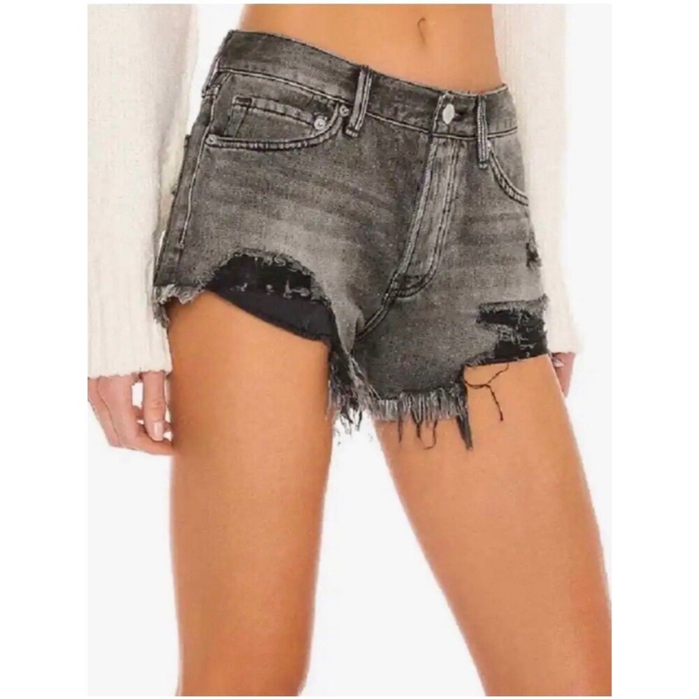 Free People We The Free Good Vibrations Cut-Off Denim Jean Shorts Gray Black 27